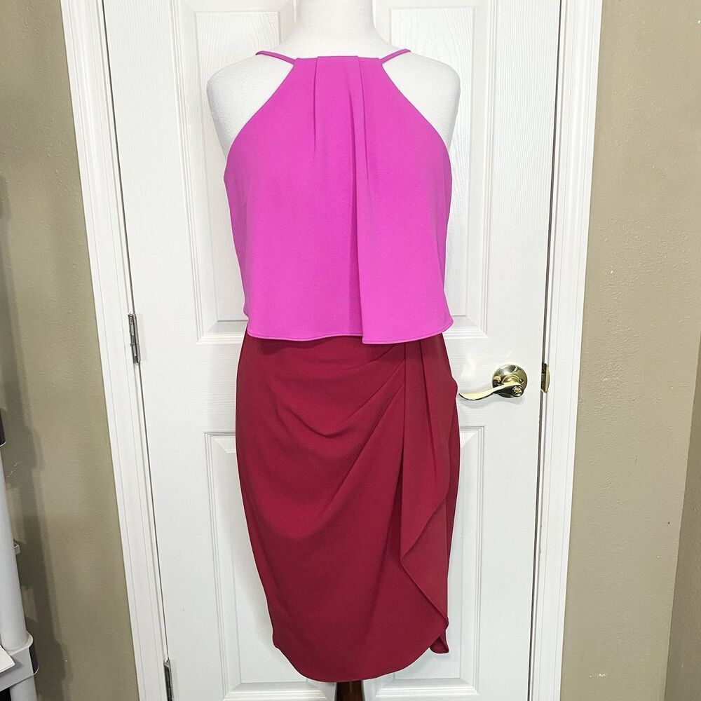 Betsy & Adam Halter Two-Tone Overlay Scuba Crepe Dress Size 10 Pink Burgundy